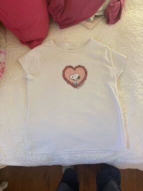 abercrombie kids White Tee with Pink Heart Snoopy Graphic